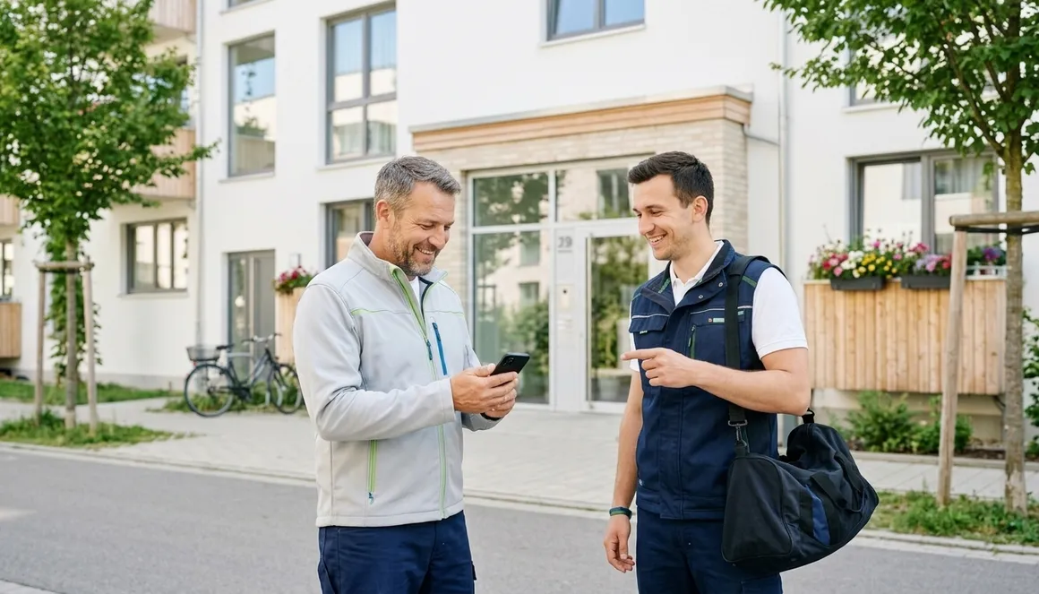 Zwei Monteure kommen gut gelaunt an einem gepflegten Wohnhaus an, einer hat den Zugangscode auf dem Handy