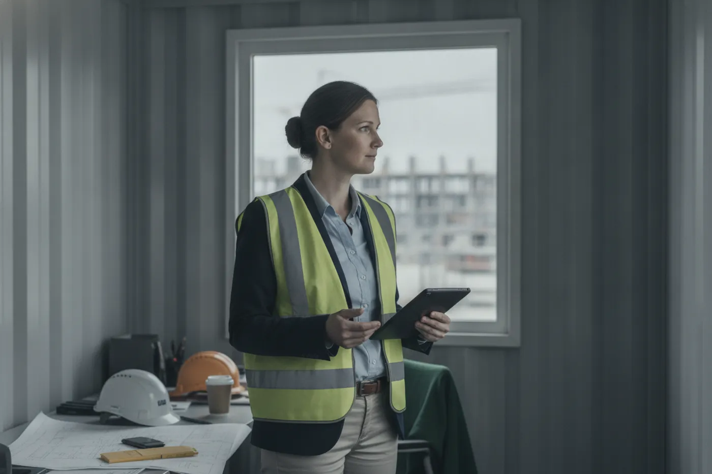 Bauleiterin mit Tablet am Baustellencontainer