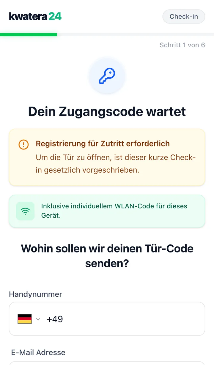 Echter Screenshot des digitalen Check-ins: „Dein Zugangscode wartet", Schritt 1 von 6