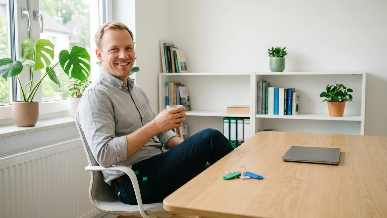Vermieter lehnt sich am hellen Schreibtisch mit einer Tasse Kaffee entspannt zurück