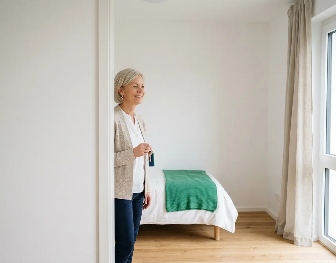 Eigentümerin schaut zufrieden mit dem Schlüssel in der Hand in ihre frisch geputzte Wohnung