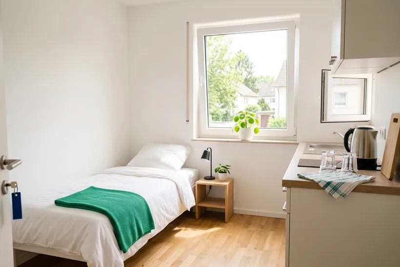 Frisch bezogenes Bett, gewischte Küchenzeile und offenes Fenster am Morgen nach dem Auszug